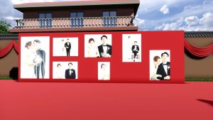 红幔绕喜堂婚礼花艺细节