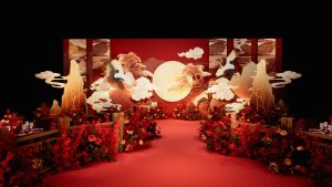 仙鹤奔月婚礼仪式区红毯红花场景