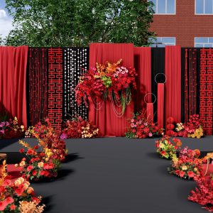 红幔绕喜堂婚礼红黑主视觉全景