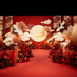 仙鹤奔月婚礼仪式区全景（圆月仙鹤主题）