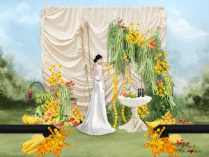 婚礼现场装饰细节，有水果和鲜花