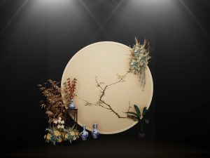 春花秋月婚礼迎宾区奶白金纱细节