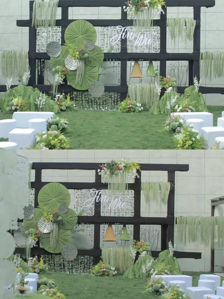 森系婚礼木质框架与折扇装饰