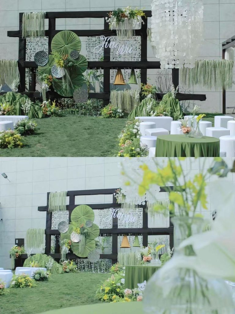 绿白色森系婚礼自然花艺布置